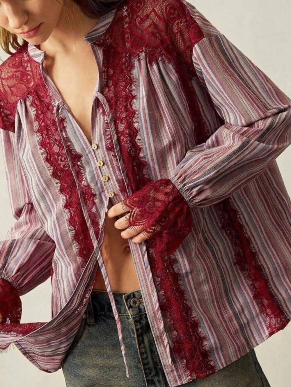Red Casual Women's Woven Striped Loose Fit Shirt